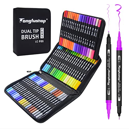 Tongfushop 60 Dual Tip Markers Brush Pens for Coloring, Art Supplies Set Fine & Brush Tip Markers for Adult Coloring Calligraphy Drawing Sketching Coloring