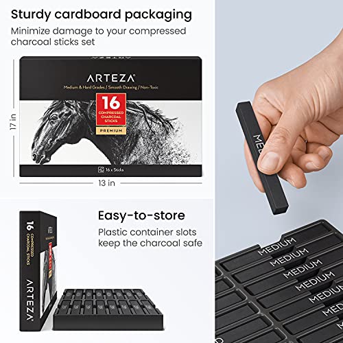 ARTEZA Compressed Charcoal Sticks, Set of 16, Medium and Hard Grade Sketching Crayons, Art Supplies for Drawing and Shading