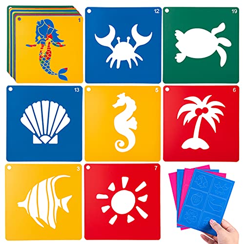 20 PCS Ocean Creatures Stencils for Kids, 8 x 8 Inch ViikiFain Drawing Stencils for Painting on Wood Colorful Sidewalk Chalk Stencils with 4 Pcs Stickers for Kids, Reusable DIY Art and Craft Stencils