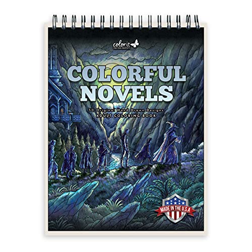 ColorIt Colorful Novels Adult Coloring Book to Relieve Stress, 50 Original Drawings from Classic Books, Spiral Binding, Perforated Pages, USA Printed, Lay Flat Hardback Book Cover, Ink Blotter Paper