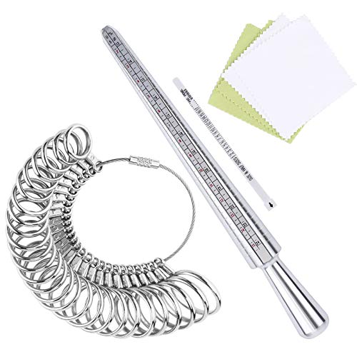 Ring Sizer Measuring Tool, Aluminum Ring Mandrel, 27 Pcs Premium Metal Ring Measurement Tool, Mens Womens Finger Gauge, 4 Sizes Ring Stick, 4 Pcs Polishing Cloth, US Ring Sizing Kit, by UUBAAR