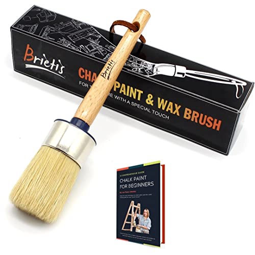 Brietis Chalk and Wax Paint Brush - 2-inch Round Soft Boar Natural Bristles, Thick Durable DIY Furniture, Art Crafts Milk Paintbrushes, Water-Based, Reusable, Lightweight, Smooth, No Shedding, Décor