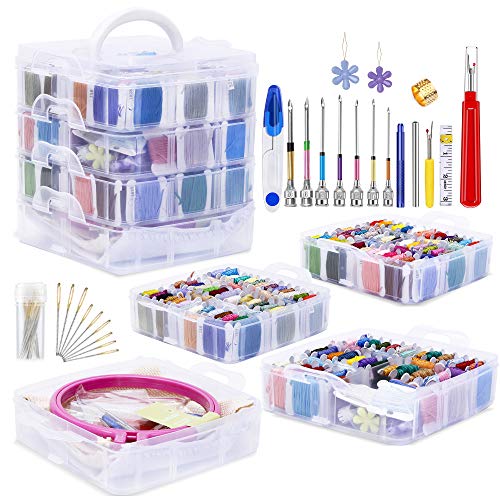 Jupean Embroidery Starter Kit, Embroidery Supplies Including Punch Needle Tool, 150 Colors Embroidery Thread Cross Stitch Thread with Organizer Storage Box, Floss Bobbins, Embroidery Frame