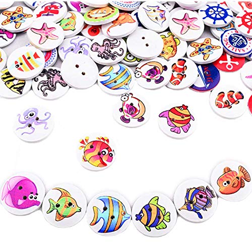 MSCFTFB 100 Pieces 3/4inch Ocean Painting Round Wood Buttons Sea Animals Starfish Steering Wheel 2 Holes Sewing Wooden Flatback Buttons for Knitting Scrapbooking DIY Embellishment Nautical Party Decor