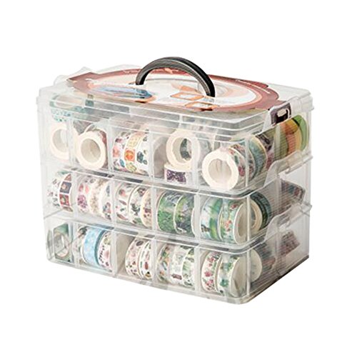 HomDSim Washi Tape Box Organizer Storage,Divider Closet Container,with 30 Adjustable Compartments,Clear,Masking Tape Desktop Tape DIY Sticker Roll Tape Cutter Holder Storage,Finger Safty Dispenser