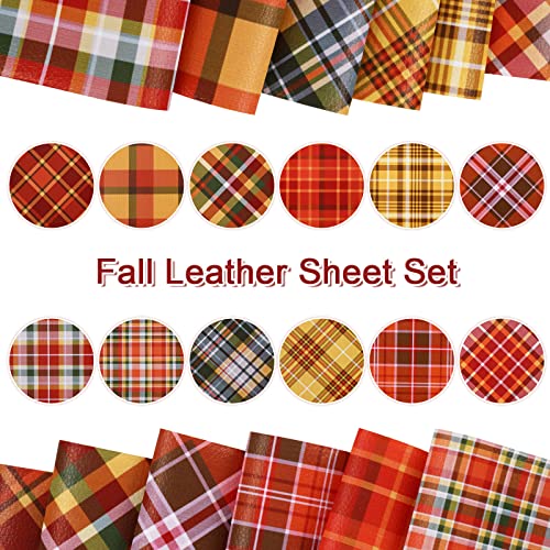 AnyDesign 12Pcs Thanksgiving Faux Leather Sheets Buffalo Plaid Printed Synthetic Leather Fabric Green Orange Brown Leather for Autumn Harvest Fall DIY Craft Earrings Hair Bows Bag Decors, 8 x 12"