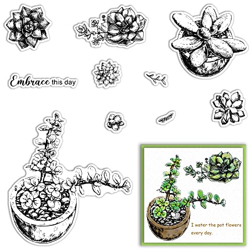Flowers Leaves Clear Stamps for Card Making Photo Album Decorations, Succulent Plants Silicone Stamps Potted Plants Transparent Rubber Stamps Seal for DIY Scrapbooking Supplies