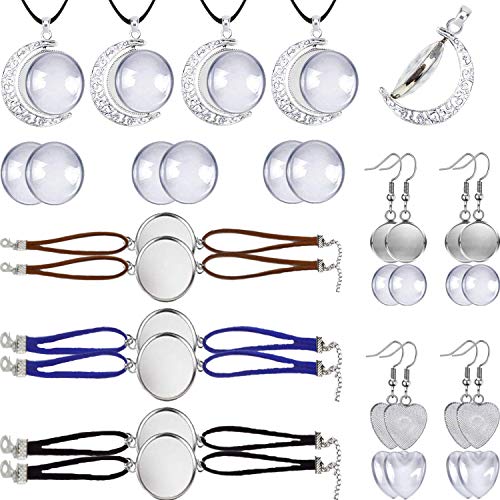 GOLESMIY Total 50pcs Moon Rotation Pendant Trays for Jewelry Making, Leather DIY Bracelet Cabochon Bezel Tray Earrings Glass Cabochon Dome Tiles for Crafting DIY Jewelry