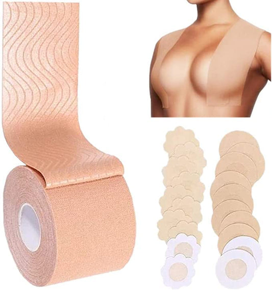 Boobs Tape - Breast Lift Tape 2" x 16" and 10 Pair Disposable Round Nipple Cover, Push up Boobs A to DD Cup Adhesive Bra … Beige