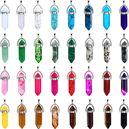 Bullet Shape Gemstone Pendant Hexagonal Chakra Crystal Pointed Quartz Pendants Artificial Stone with Storage Bag (32 Pieces)