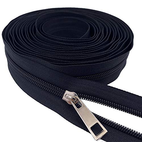 Zipper Roll by Yard #5 Bulk 10 Yards Nylon Zipper with 10pcs Sliver Sliders and 10pcs Colorfull Sliders for DIY Sewing Craft Projects (Black)