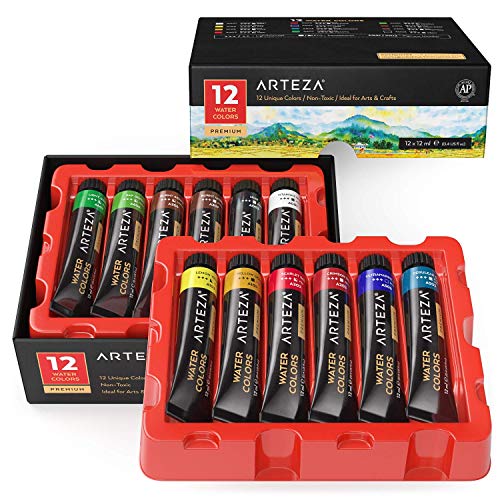 ARTEZA Watercolor Paint, Set of 12 Colors/Tubes, 12 x 12ml/0.4 oz W/ Storage Box, Rich Pigments, Vibrant and Non Toxic
