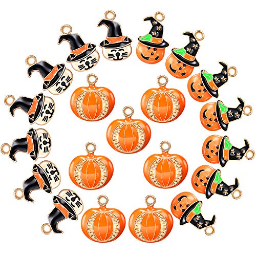 21 Pieces Halloween Metal Charms Assorted Halloween Theme Pendants Halloween Enamel Charm Pumpkin with Cap for DIY Necklace Bracelet Jewelry Making Supplies