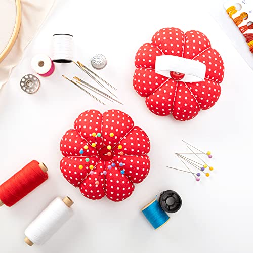 NEOVIVA Pincushions for Sewing with Wristband, Cute Wrist Pin Cushion for Daily Needlework, Style Pumpkin, Pack of 2, Polka Dot Red