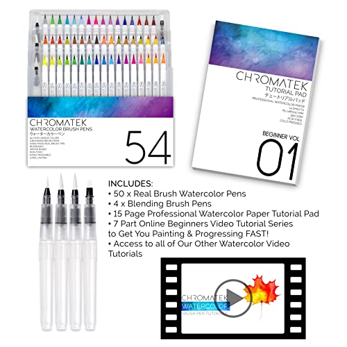 54 Watercolor Pens, 15 Page Pad & Online Video Tutorial Series by Chromatek. Real Brush Pens. 4 Blending Brushes. Easily Blendable. Vivid. Smooth. 50 Unique Colors. Professional Art Supplies