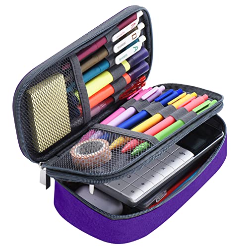 Big Capacity Pencil Case 3 Compartments Canvas Bag Multifunctional Marker Pen Pouch Holder Office College School Durable Portable Large Storage Bag for Kids Teens Student Adults Purple