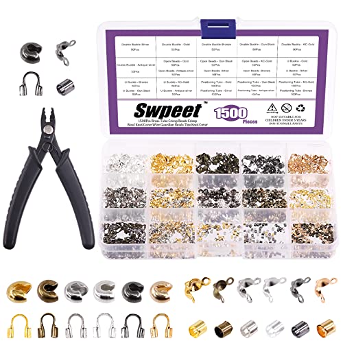 Swpeet 1501Pcs 6 Colors 4 Styles Brass Tube Crimp Beads with Bead Crimping Pliers Kit, Including Brass Tube Crimp Beads & Crimp Beads Knot Covers & Wire Guardians & Iron Bead Tips Knot Covers