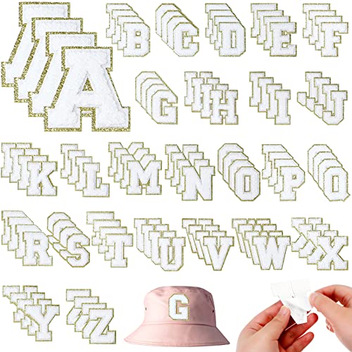 156 Pieces Chenille Letter Patches Self Adhesive White Gold Letters Patches Iron on Letters Embroidered Varsity Trimmed Preppy Alphabet Patches for Clothing DIY Repairing Craft Fabric (White)