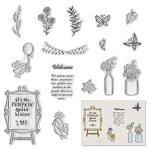 Fall Flowers Words Clear Stamps for Card Making and Photo Album Decorations, Butterfly Leaves Silicone Stamps Autumn Birds Rubber Stamps Seal for DIY Scrapbooking Supplies