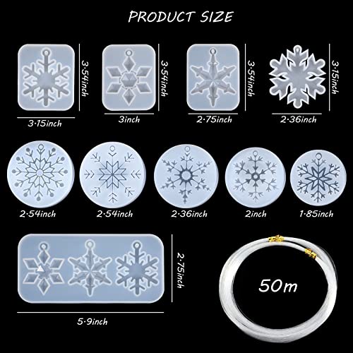 10 Pieces Snowflake Resin Molds with 50 m Nylon Rope, DIY Resin Casting Mould for Christmas Decorations and Crafts Necklace Earrings Pendants