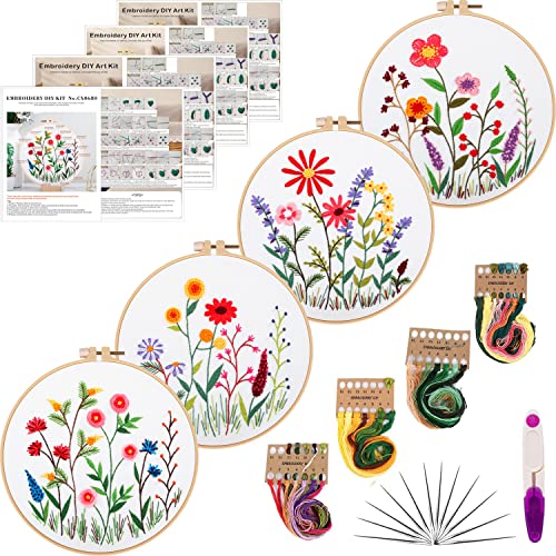 Tcbasrt 4Pack Embroidery Kit for Beginners with Pattern and Instructions, Cross Stitch Kits Include 2 Embroidery Hoop,4 Embroidery Clothes with Plants Flowers Pattern,Color Threads（White）