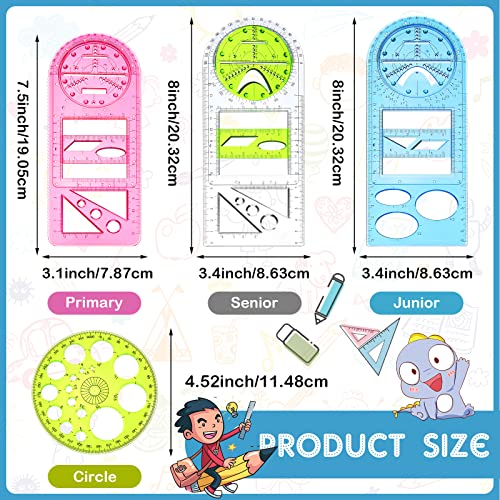 Multifunctional Geometric Ruler 4 Pieces Multifunction Ruler Drawing Ruler Plastic Template Ruler Measuring Ruler Geometric Drafting Tool for Student Architecture School Office Supplies (Cute Style)