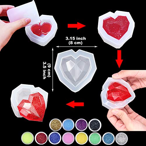 EuTengHao 178Pcs DIY Casting Silicone Resin Molds Kit Contains Glitter Powder Jewelry Necklace Pendant Resin Molds Big 3D Heart Resin Mold Round Tray Silicone Mold with Making Tools Spoons Droppers