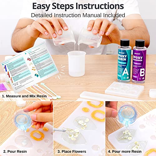 Piccassio Epoxy Resin Kit for Beginners 208 pcs - Make Jewelry, Keychains, Bookmarks with Epoxy Resin Starter Kit - Resin Kits and Molds Complete Set - Includes Molds, Dried Flowers, Mica Powder