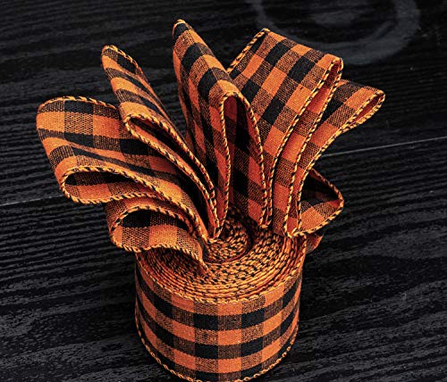 ATRBB Orange and Black Buffalo Plaid Ribbon Wired Edge Gingham Ribbon for Halloween Decoration and Bows Craft,10 Yards by 2.48 Inches (Style 5)