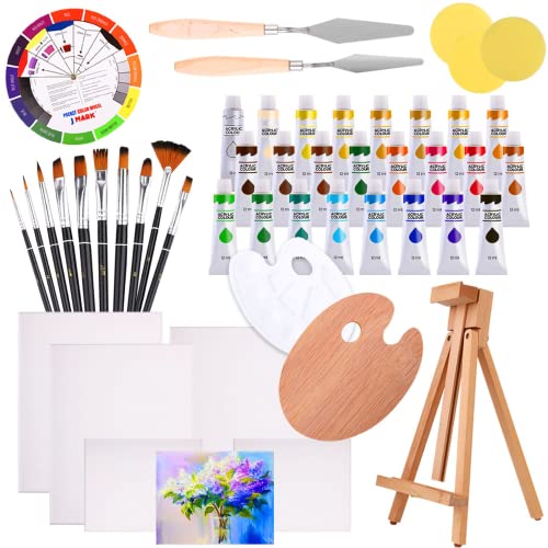 J MARK 48pc Deluxe Painting Kits for Adults - Includes Adjustable Wood Easel, Thick Canvases, Acrylic Paints, Brushes Set,Wooden and Plastic Palettes, 2 Painting Knives, 3 Sponges, Color Mixing Wheel