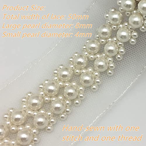 FQTANJU 1 Yard Large Pearl Beads Decorative Tape Lace Edge Trim Ribbon, 5 cm Width Vintage Ivory Edging Trimmings Fabric Embroidered Applique Sewing Craft Wedding Dress Party Clothes Decor