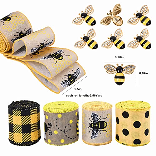MAYWARD 4 Rolls Bumble Bee Ribbons Wired with 10pcs Bee Charms Pendants, 2.5in x 26 Yards Yellow Gingham Ribbon Polka Dot Wired Edge Ribbon Decorative Ribbon for Crafts, Bows, Wreaths, Gift Wrapping