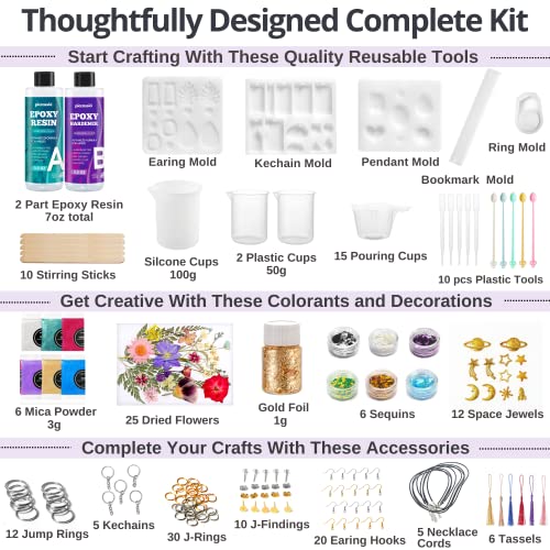 Piccassio Epoxy Resin Kit for Beginners 208 pcs - Make Jewelry, Keychains, Bookmarks with Epoxy Resin Starter Kit - Resin Kits and Molds Complete Set - Includes Molds, Dried Flowers, Mica Powder