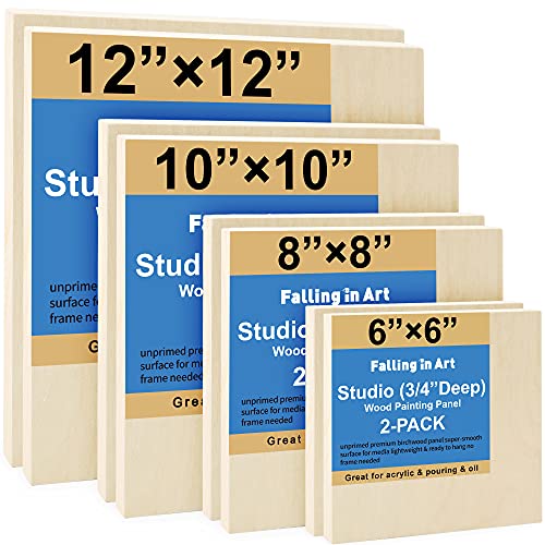 Unfinished Birch Wood Canvas Panels Kit, Falling in Art 8 Pack of 4 Sizes Studio 3/4’’ Deep Cradle Boards for Pouring Art, Crafts, Painting, and More