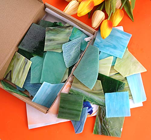 Lanyani Green Mixed Stained Glass Scrap Pieces Sheets, Glass Mosaic Tiles for Art Crafts, 35oz Value Pack,Assorted Colors and Textures