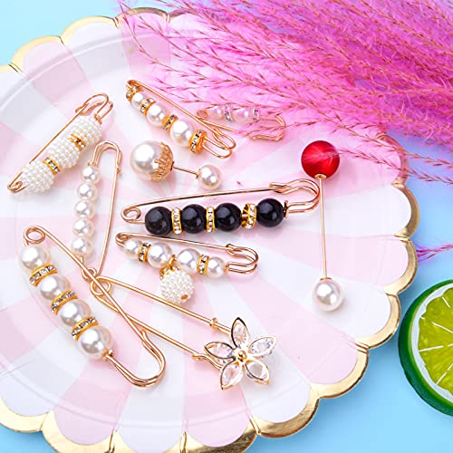 10pcs Heavy Duty Safety Pins Metal Large Safety Blanket Pins Brooch Pins with White Pearl Rhinestones Accessories for Women Girls Clothing Shirts Dresses Sweater Shawl Decoration, 10 Styles
