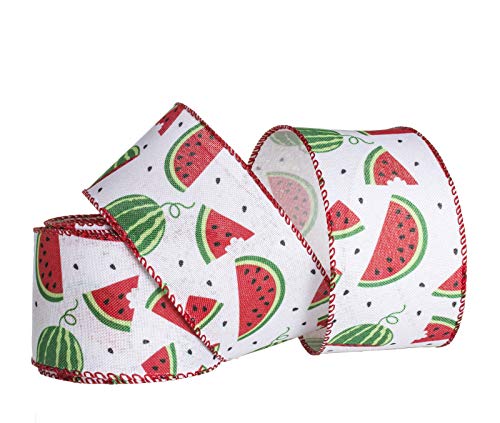 ATRBB Watermelon Wired Ribbon, Fruit Pattern Ribbon for Wreaths, Wrapping and Crafting, 2.5 Inches x 10 Yards (White/Green/Red-Watermelon)