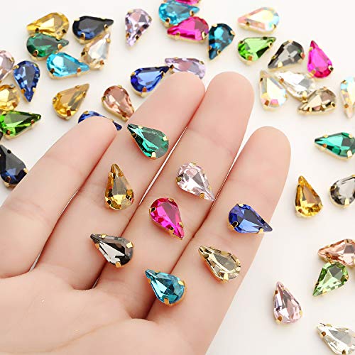 Choupee 48PCS Sew on Rhinestones Teardrop Gold Prong Setting Mixed Color Pear Sew on Rhinestones for Jewels Making, DIY Craft, Clothing, Costume, Shoes, DIY Scrapbook and Photo Album