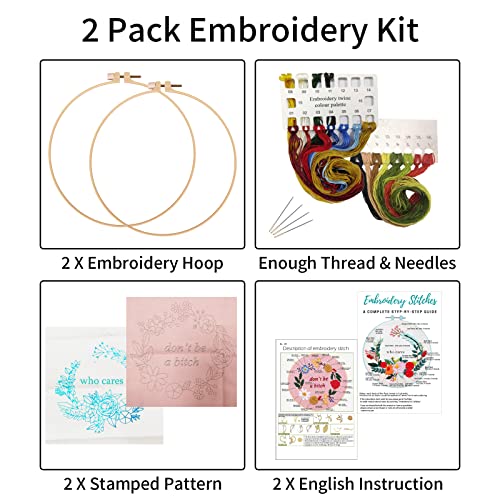 Nuberlic 2 Sets Funny Embroidery Kit for Beginners Adults, Embroidery Starter Kit with Stamped Floral Pattern, Simple Cross Stitch Kits Include Embroidery Needlepoint Cloth Hoops Needles Threads
