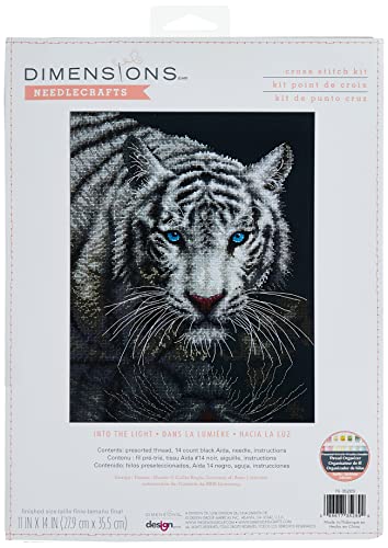 Dimensions 70-35289 Into The Light White Tiger Embroidery Cross Stitch Kit, 11" x 14", 14 Count Black Aida