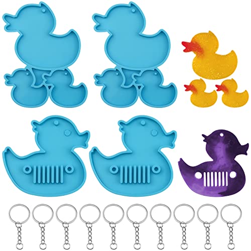 4 Pcs Duck Keychain Silicone Resin Molds Key Chain Crystal Pendants Tags Epoxy Resin Casting Mold with 10 Pcs Key Rings for Pendant DIY Crafts Jewelry Making