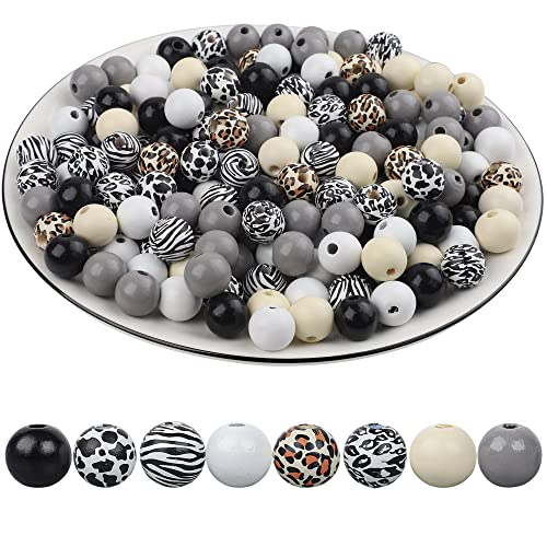 240 PCS Farmhouse Wooden Beads Leopard Cow Zebra Beads Animal Print Polished Rustic Wood Beads 16mm for DIY Craft Jewelry Making Home Decor
