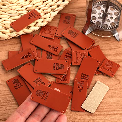 ASTER 40PCS Handmade Leather Labels PU Leather Labels Hand Labels Faux Leather Sew on Labels Embellishment Knit Accessories with Holes for DIY Crafts Sewing Crochet Knitting