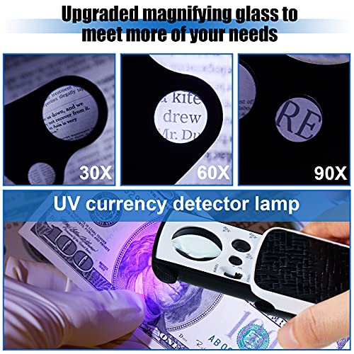 Gunoff 3 Pieces Jewelry Loupe 30X 60X 90X Illuminated Magnifier Jewelers Eye Loupe Foldable Jewelry Pocket Magnifying Glass Loop with UV Black Light LED Light for Gems Coins Stamps Plants Watch Rock