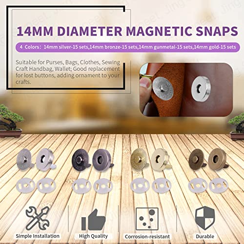 Swpeet 60 Sets Magnetic Button Clasps Snaps, 14MM Metal Fastener Clasps Gold Silver Bronze Black DIY Craft Sewing Knitting Buttons Sets for Sewing, Purses, Bags, Clothes, Leather