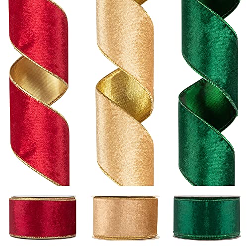 KI Store Wired Ribbon Red Green Gold Set of 3 Plush Velvet with Silk Backing Double Sided Ribbon 2.5 Inch X 10 Yards per Spool