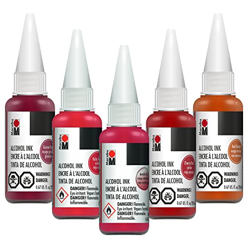 Marabu Red Alcohol Ink Set - 5 Colors Set, Ruby Red, Metallic Red, Cherry Red, Garnet Red, Red Orange - Alcohol Ink for Epoxy Resin, Tumblers, Alcohol Ink Paper - Large 0.68 Ounce Inks