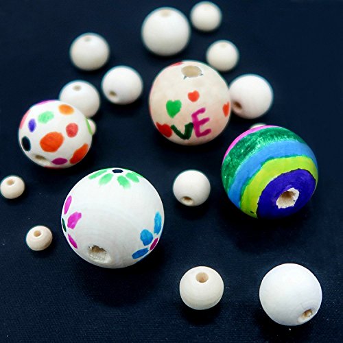 Amaney 400pcs 6mm-14mm Unfinished Wood Beads Assorted Natural Round Ball Loose Solid Wooden Spacer Beads for Crafts DIY Handmade Jewelry Making Bracelet Garland Hair