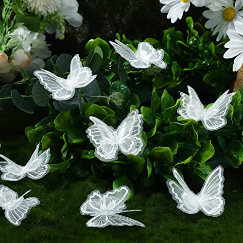 40 Pcs Butterfly Lace Trim Double Layers Organza Butterfly Fabric Embroidery Butterfly Patches Wedding Bridal Dress Embroidered Appliques for Sewing Craft DIY Clothes Hair Accessories Party, White