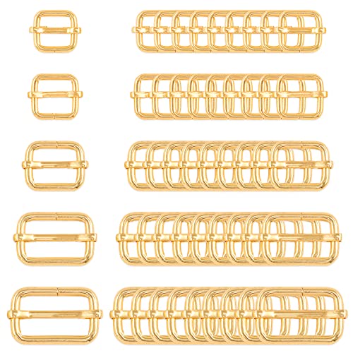 Swpeet 50Pcs Gold Metal Rings Metal Rectangle Adjuster Triglides Slides Buckle, Roller Pin Buckles Slider Strap Adjuster Keychains - 1/2 Inch, 3/4 Inch, 1 Inch, 5/4 Inch, 5/8 Inch